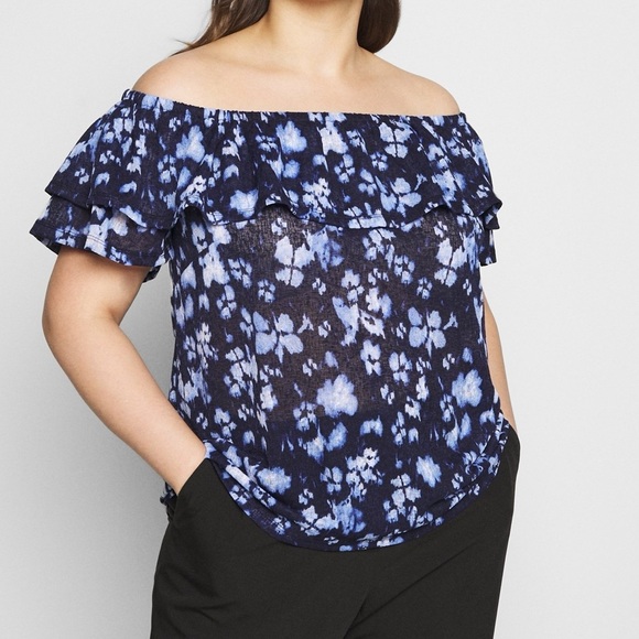 MICHAEL Michael Kors Off-Shoulder Blue Abstract Top - Picture 1 of 6